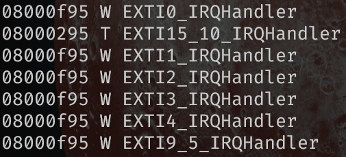 EXTI IRQ Handlers as defined in the symbol list