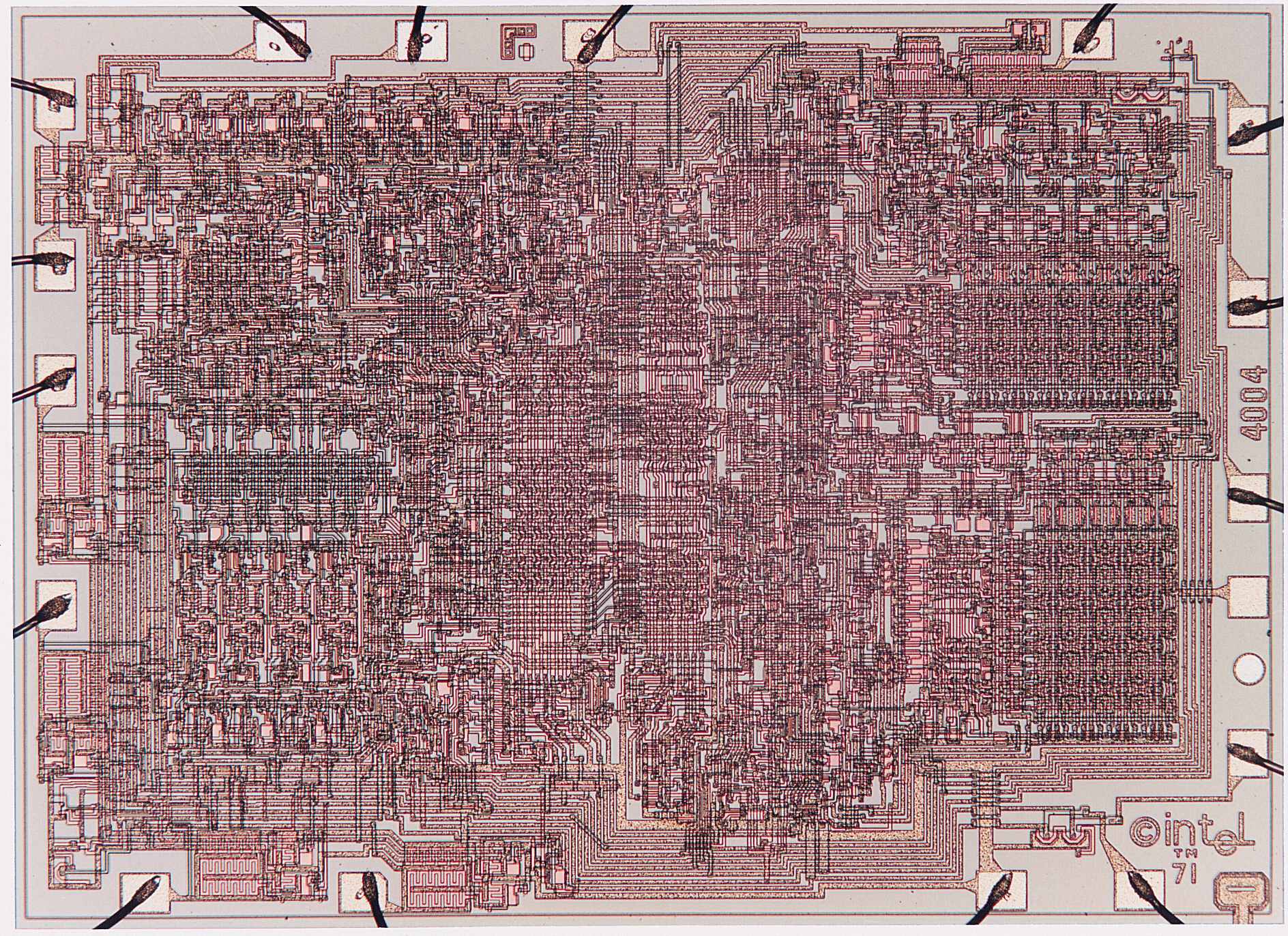 The Intel 4004 chip die with wiring connections at the edge.